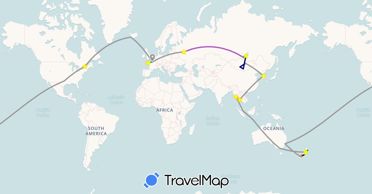 TravelMap itinerary: driving, bus, plane, train, hitchhiking in Australia, Canada, France, Indonesia, Iceland, South Korea, Myanmar (Burma), Mongolia, New Zealand, Russia, Singapore, Thailand, United States (Asia, Europe, North America, Oceania)