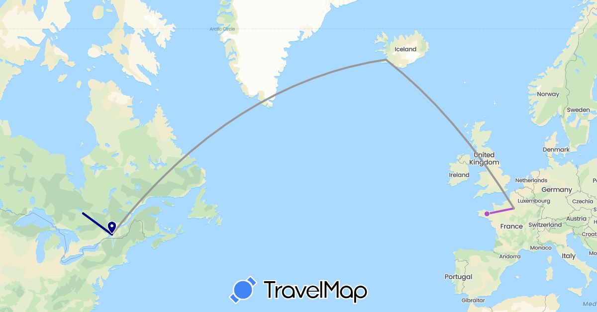 TravelMap itinerary: driving, plane, train in Canada, France, Iceland (Europe, North America)